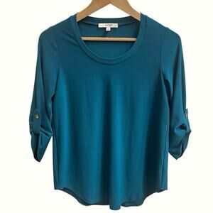 Sympli Blouse Womens Sz 6 Teal Tunic Rolled Tab Long Sleeve Curved Hem Canada